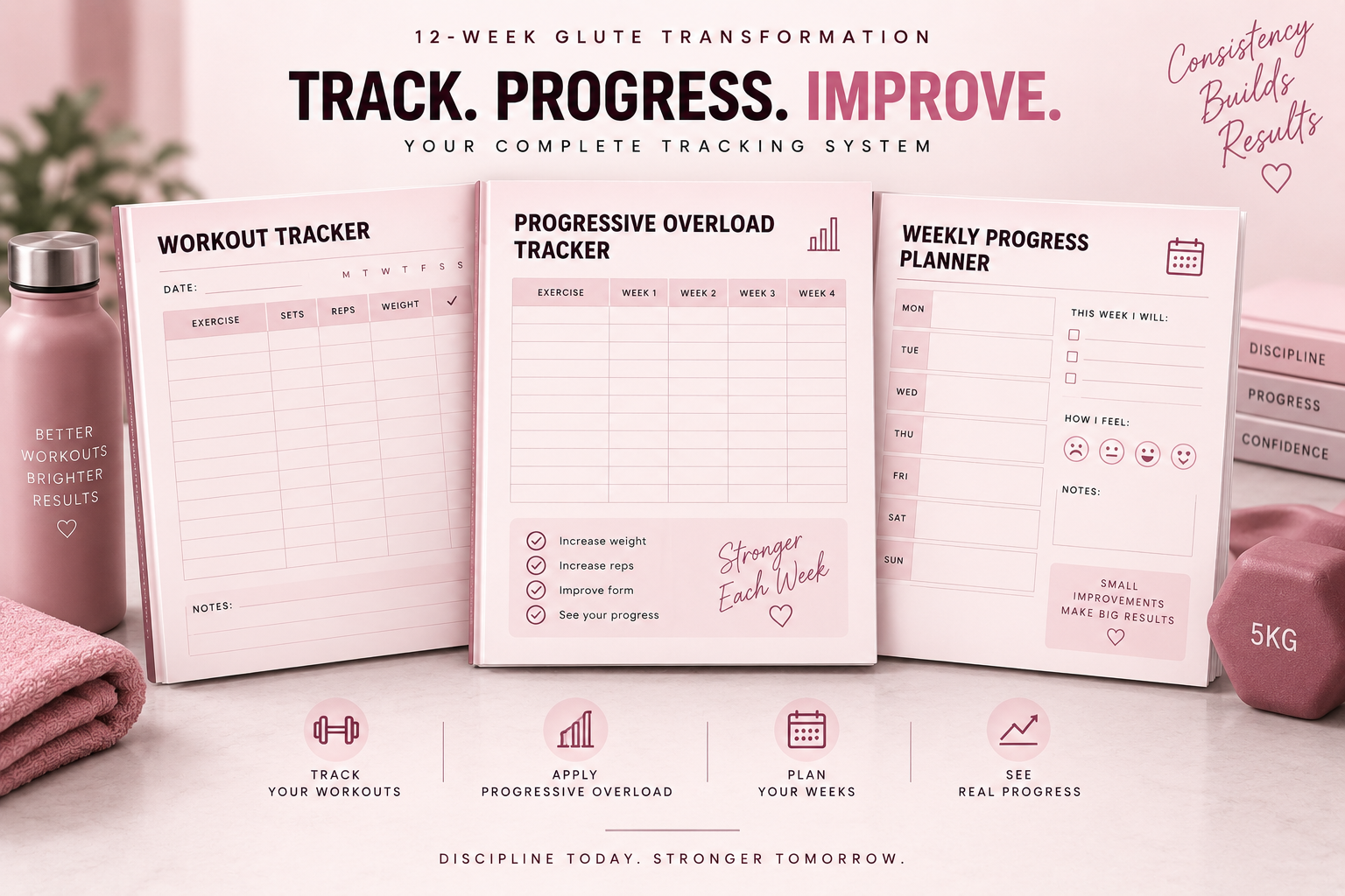 Workout, progressive overload and weekly progress trackers